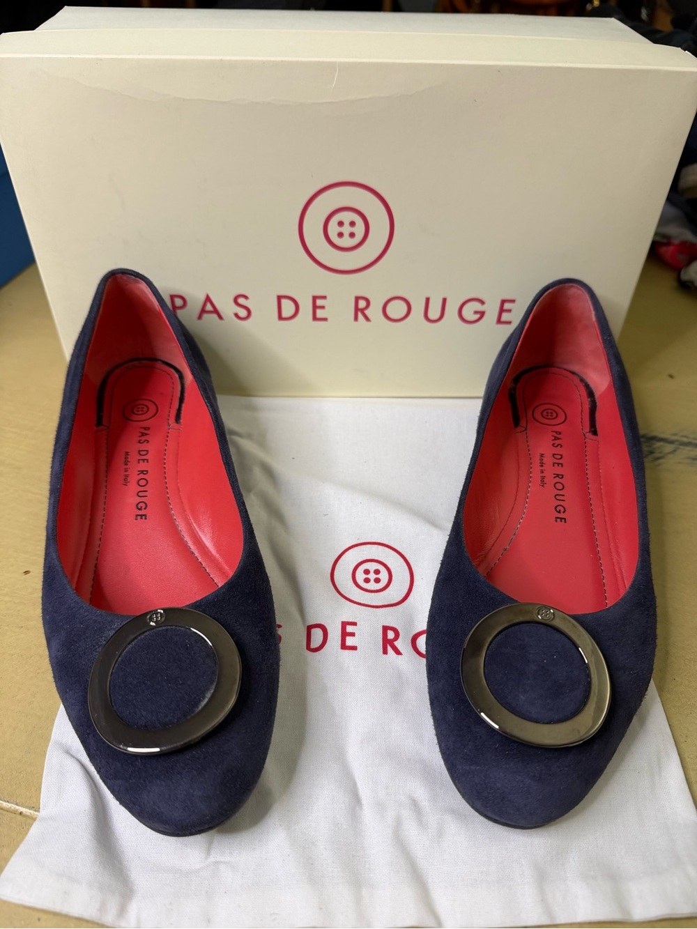 Pas de Rouge Daria Navy Suede Flats with Pink Lining and Metal Circle Accent